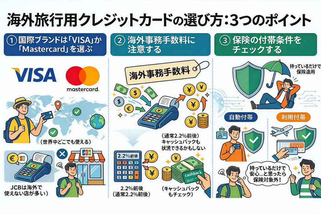 海外用クレジットカードの選び方、３つのポイント