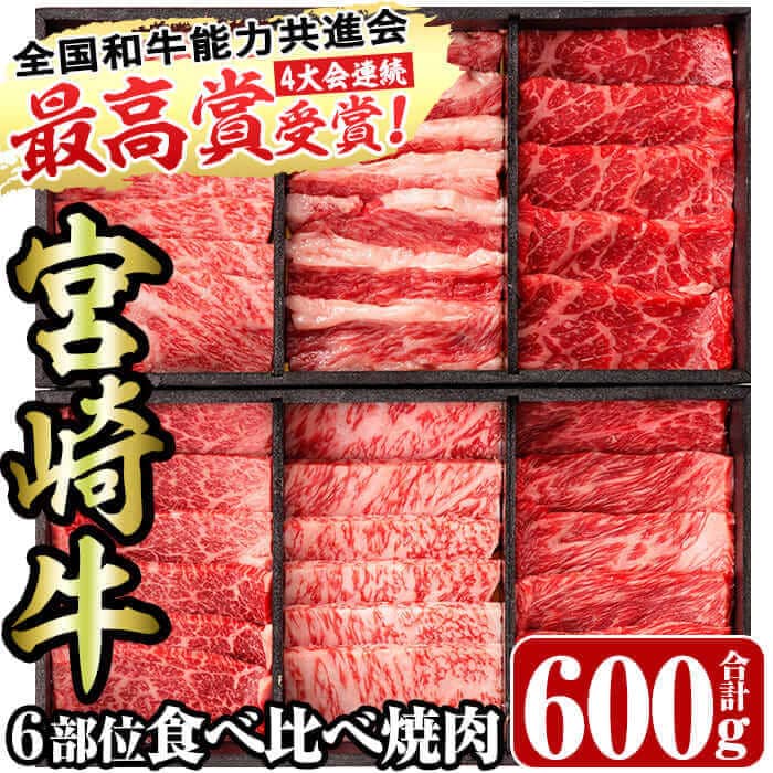 【R-27】＜宮崎牛・3D冷凍＞6部位食べ比べ焼肉(合計600g)【ミヤチク】