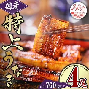 国産うなぎ蒲焼4尾(計760g) 鰻蒲焼 ウナギ蒲焼用たれ さんしょうのセット(うなぎ1尾180g以上の鰻4尾からなるウナギの詰め合わせ)